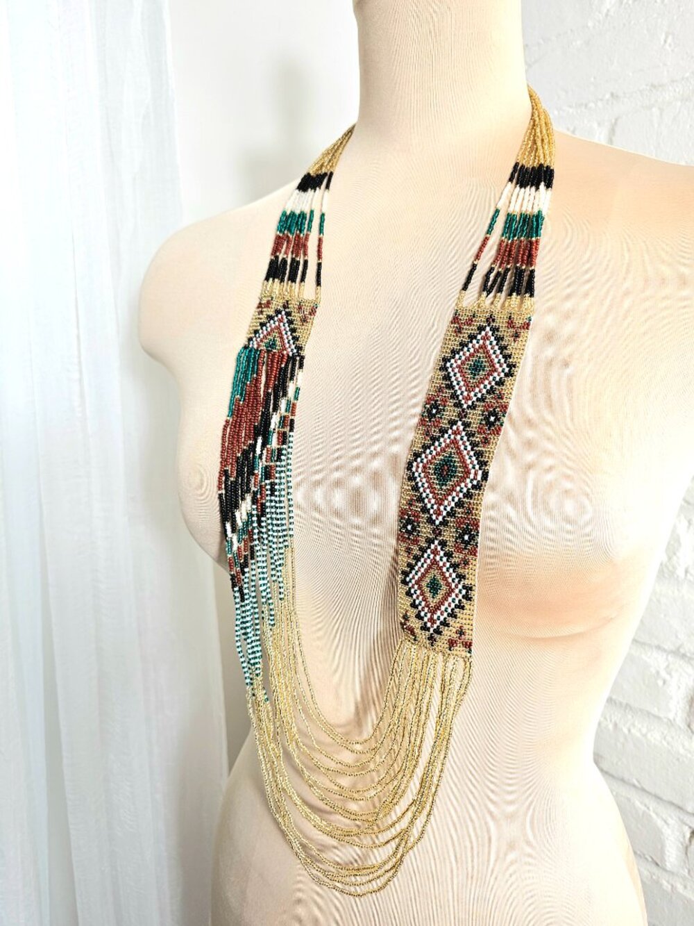 Long Multicolor Seed Bead Statement Necklace Geometric Boho Artisan Style